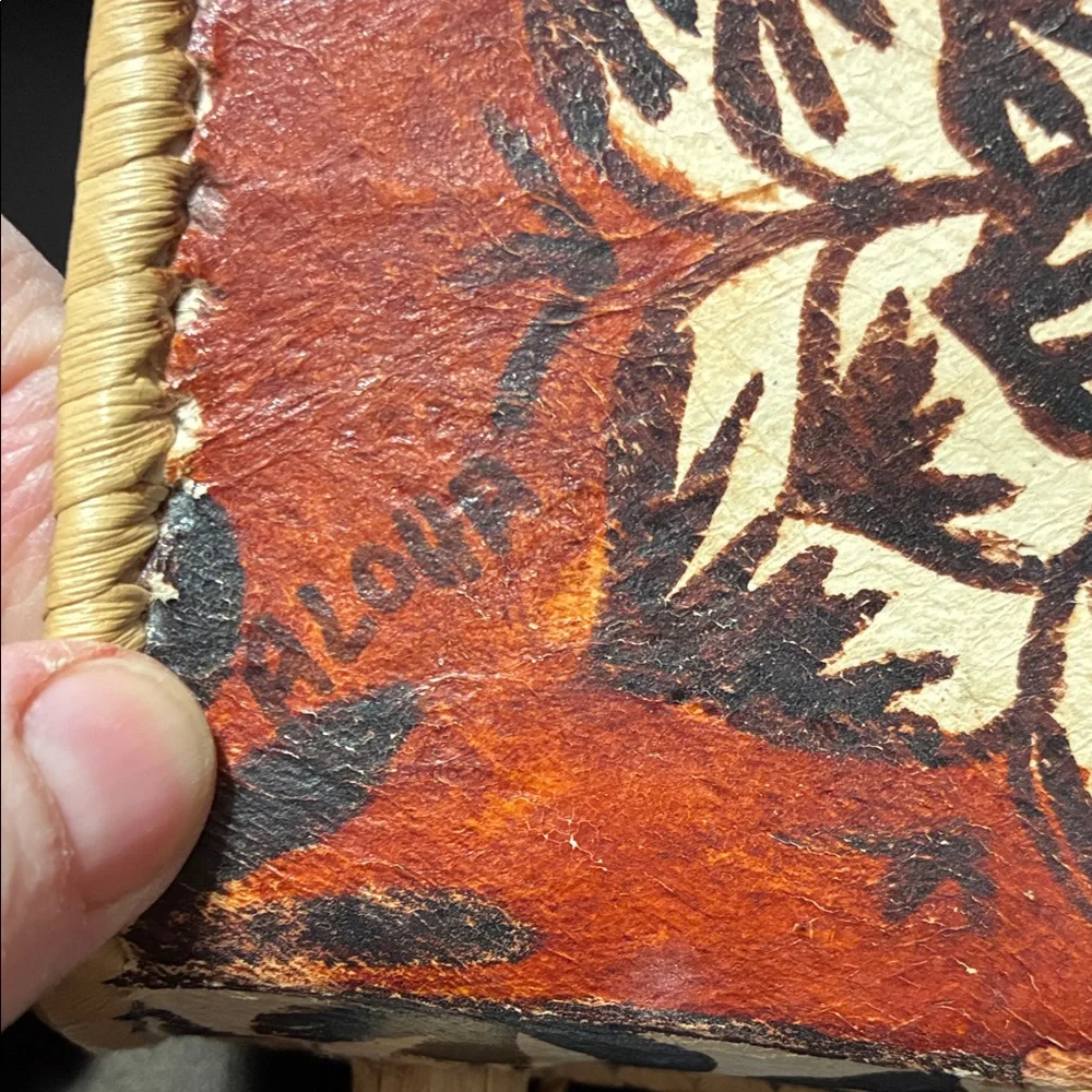 Vintage Handcrafted woven Hawaii Red and Brown Floral Decorative Box